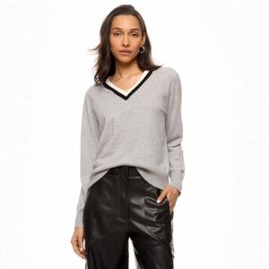 CeCe Deep V Contrast Trim Gray Sweater Size XL